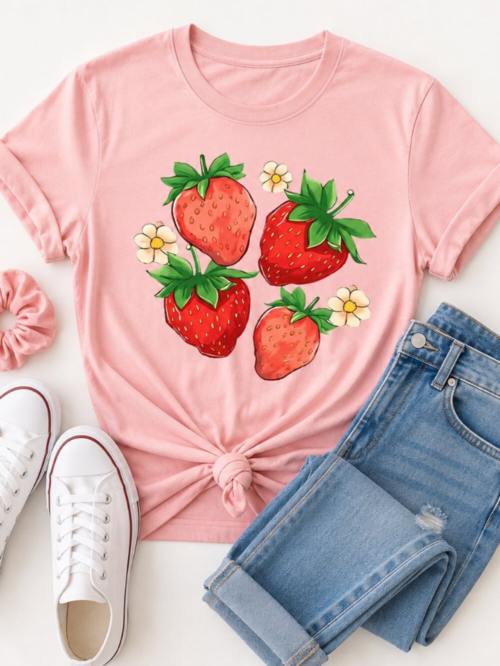 🌸 3/$20 - Women's Strawberry and Floral Print T-Shirt - SMALL